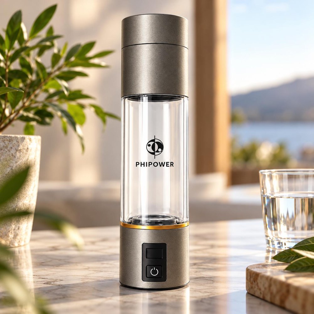 Phipower hydrogen water bottle with glass chamber and brushed steel top
