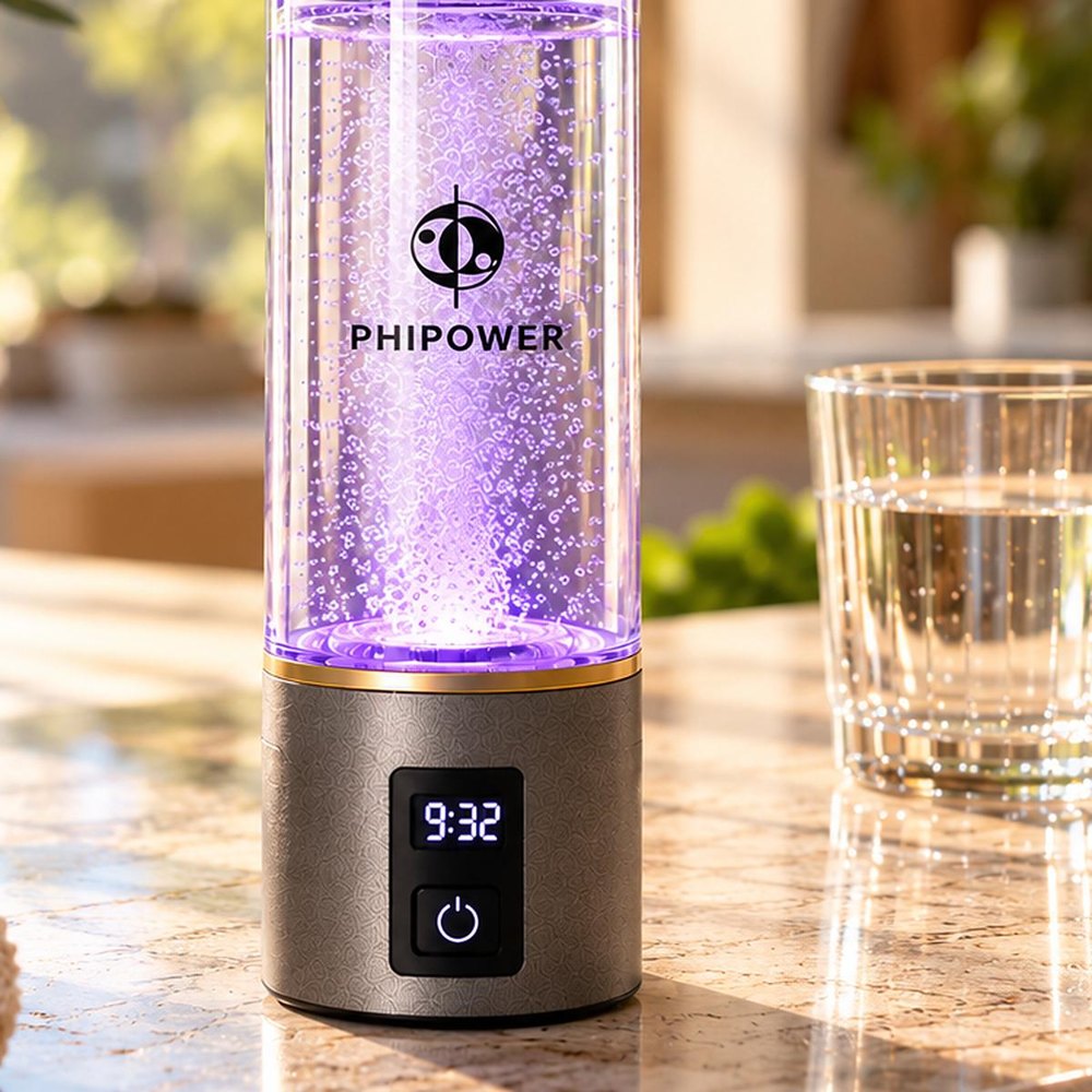 Phipower hydrogen water bottle with LED display on a marble countertop