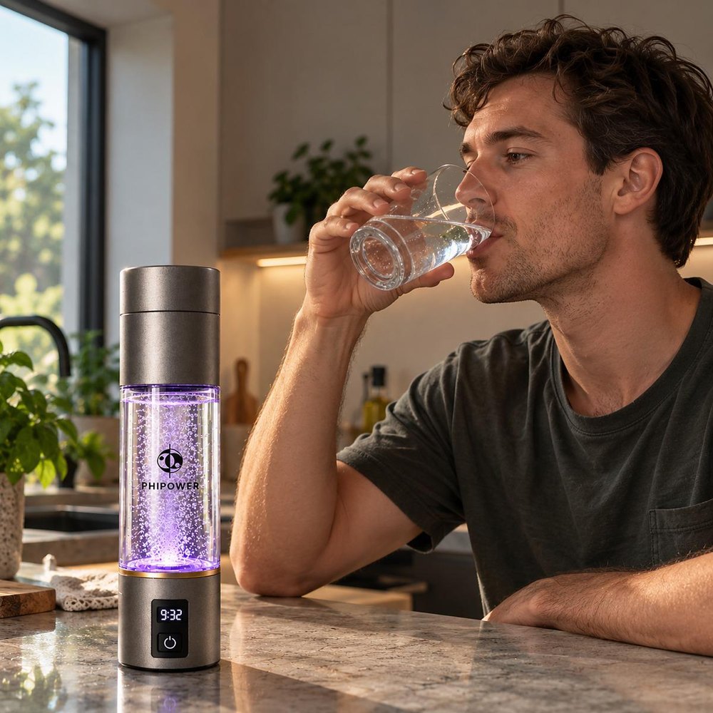 Man drinking from the glowing Phipower hydrogen water bottle in a modern kitchen
