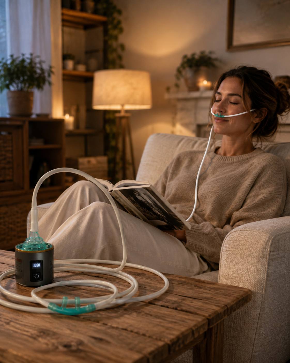 Relaxed hydrogen inhalation session at home with nasal cannula