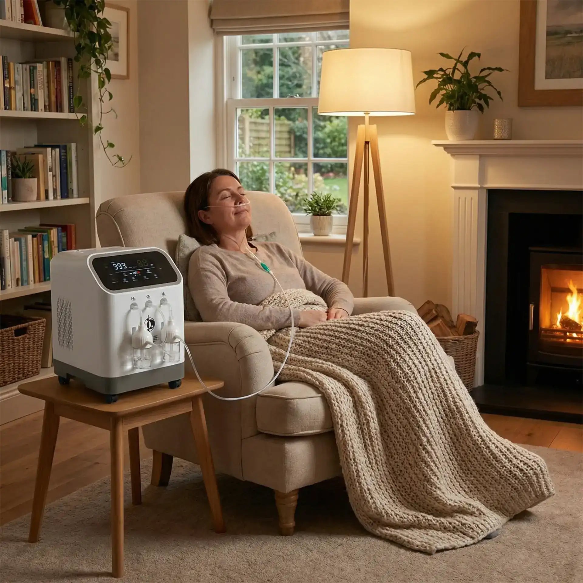 Relaxed hydrogen inhalation session at home with the Phipower hydrogen inhaler by the fireplace