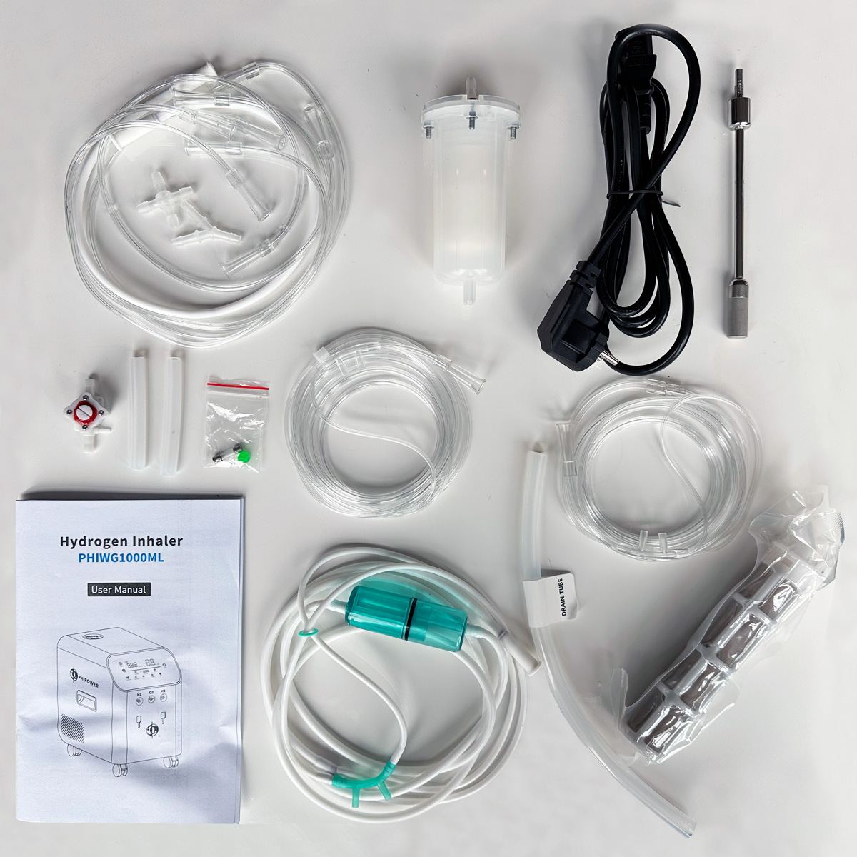 Included accessories: nasal cannula, tubing, humidifier bottles, resin filter and bubble stick