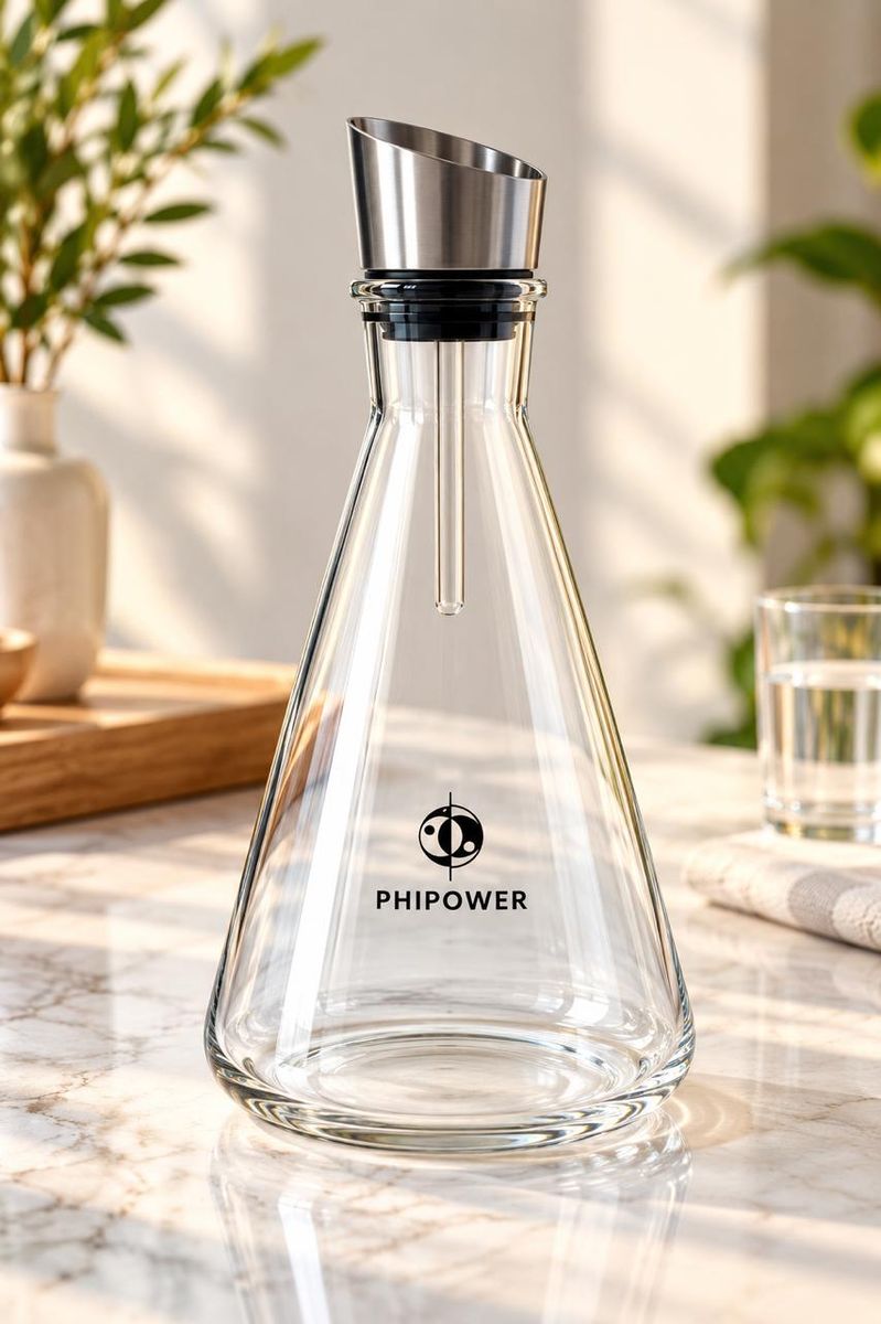 Phipower 2,0-liter vortexkaraf van glas met geborstelde stalen deksel op een marmeren tafel naast groene planten