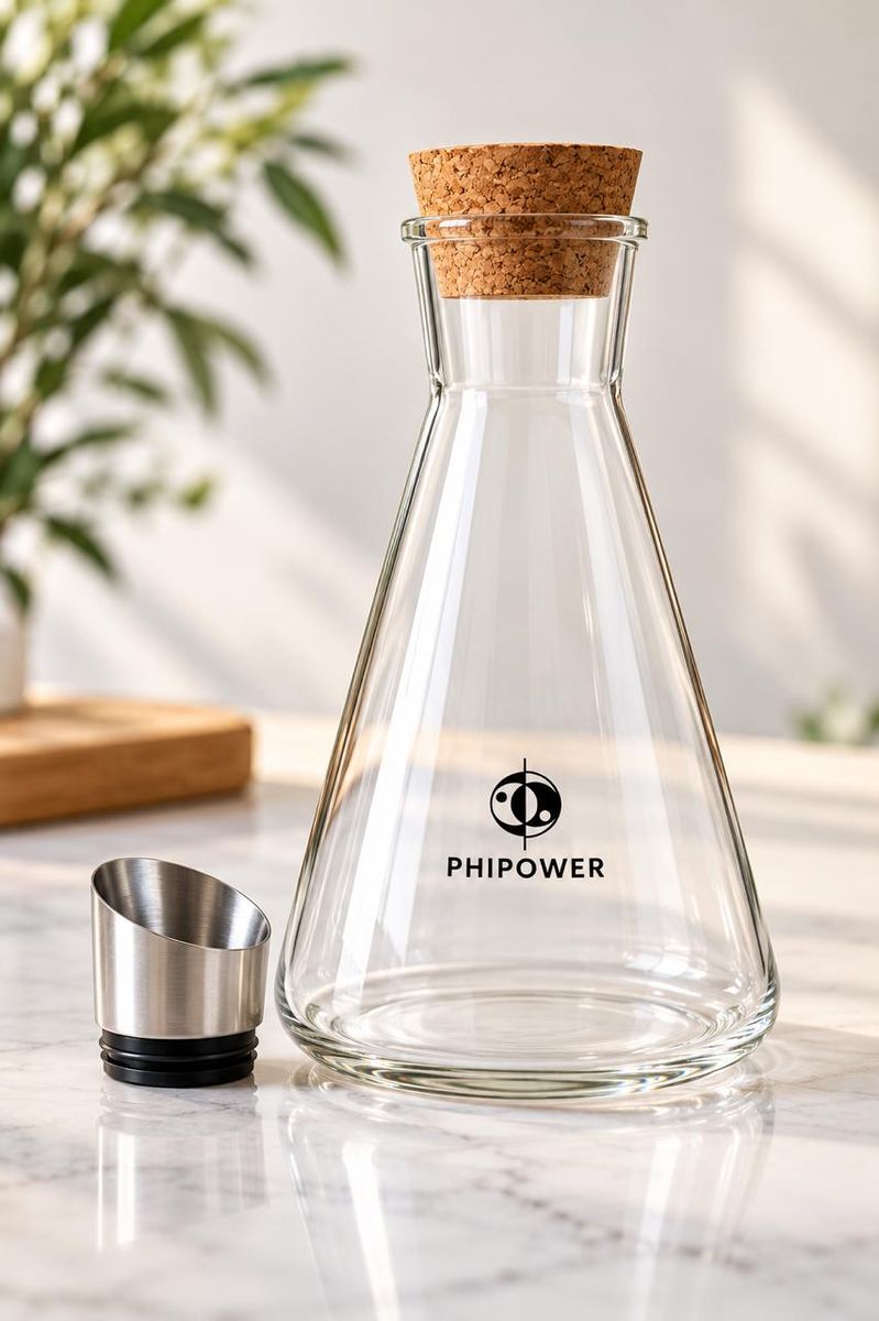 Phipower 2-liter vortexkaraf afgesloten met een natuurkurken stop op marmer in zacht daglicht