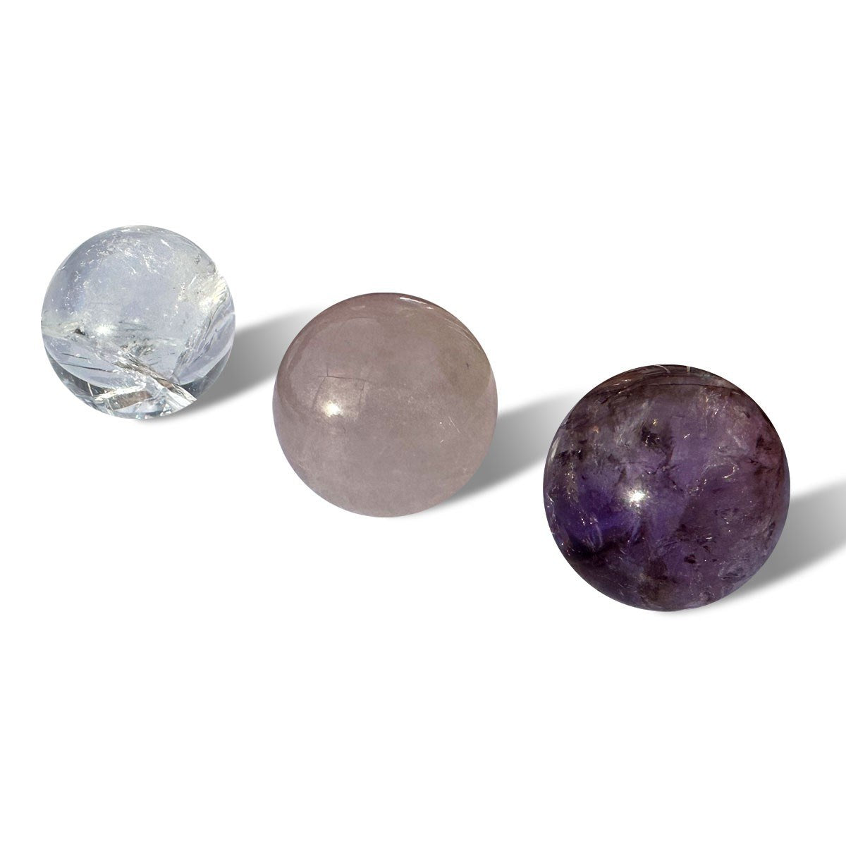 Amethyst, clear quartz and rose quartz crystal set