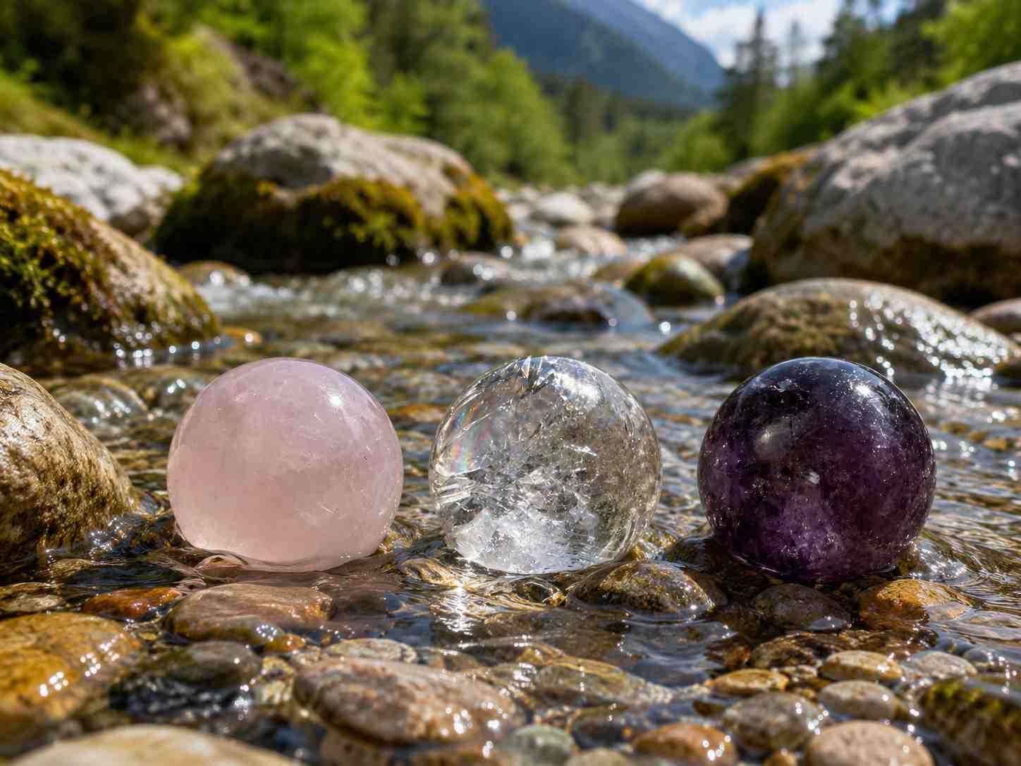 Amethist, bergkristal en rozenkwarts Golden Triangle-kristallen gebruikt in het Phipower-waterritueel