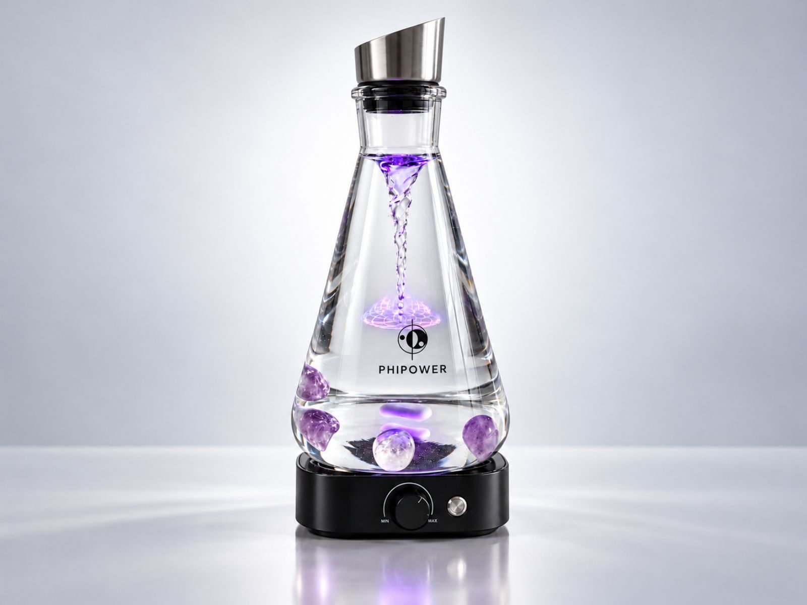 Phipower Water Vitalizer with purple light vortex and amethyst crystals
