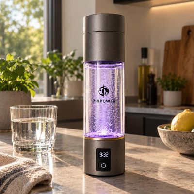 Phipower hydrogen water bottle on a kitchen countertop beside lemons and a glass of water