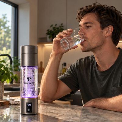 Man drinking from the glowing Phipower hydrogen water bottle in a modern kitchen