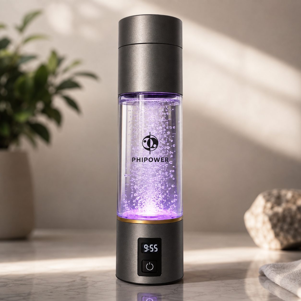 Wasserstoffbläschen bilden sich in der BPA-freien Flasche während des Fünf-Minuten-Zyklus