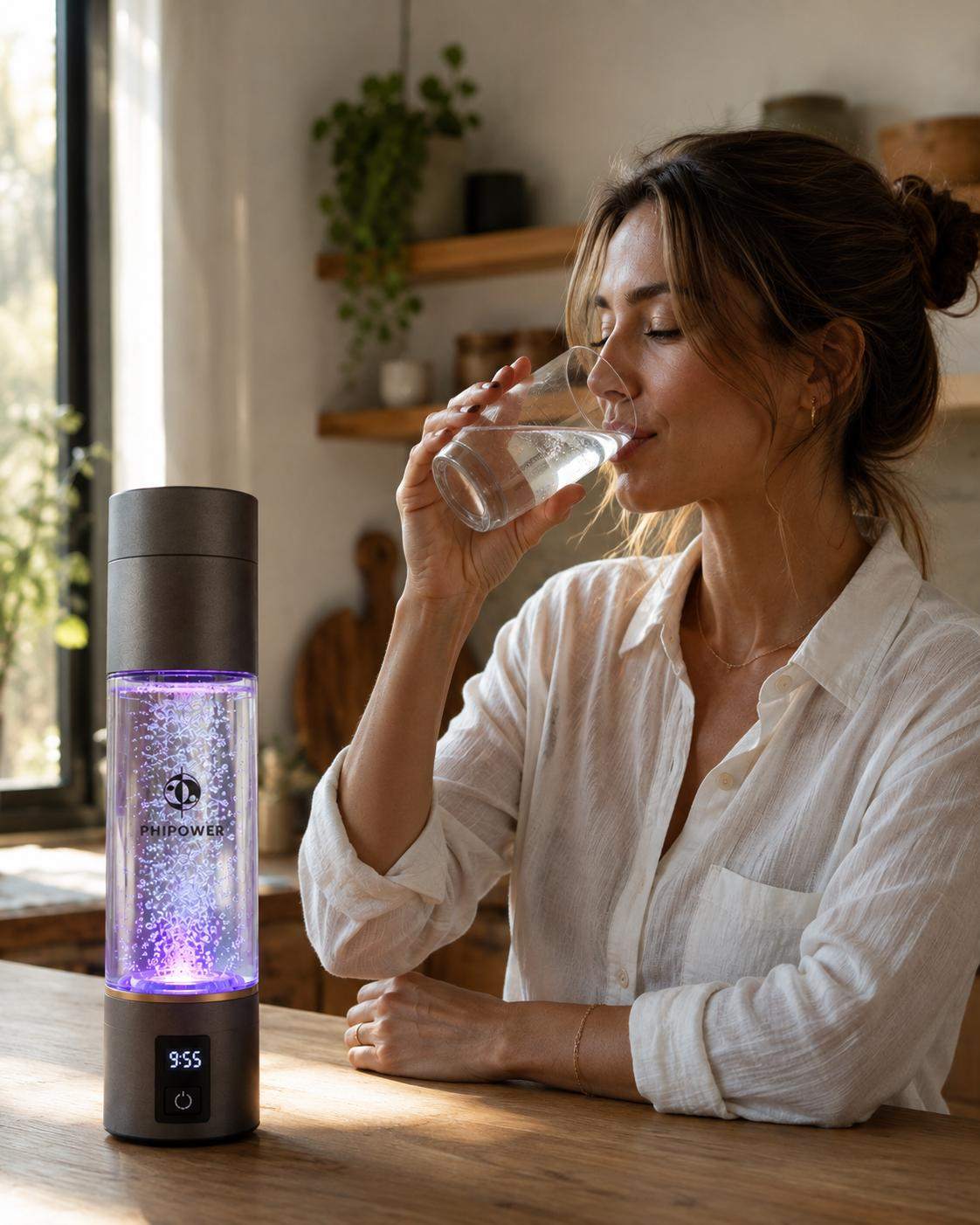 Een vrouw drinkt waterstofrijk water naast de Phipower Hydrogen Water Bottle