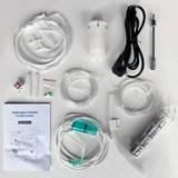 Meegeleverde accessoires: neuscanule, slangen, bevochtigersflesjes, harsfilter en belstaaf