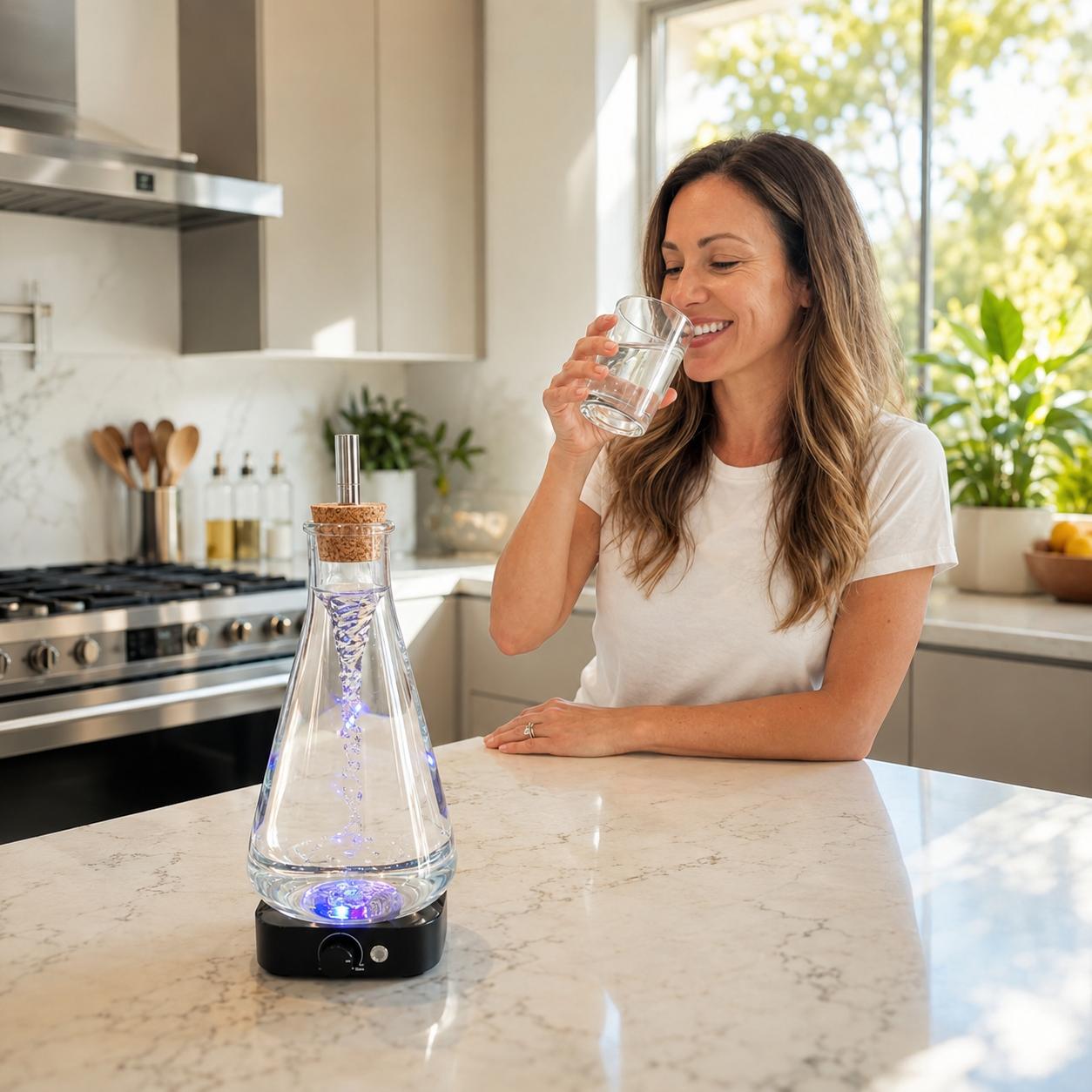 Een vrouw drinkt een glas water naast de Phipower Water Vitalizer in een lichte keuken