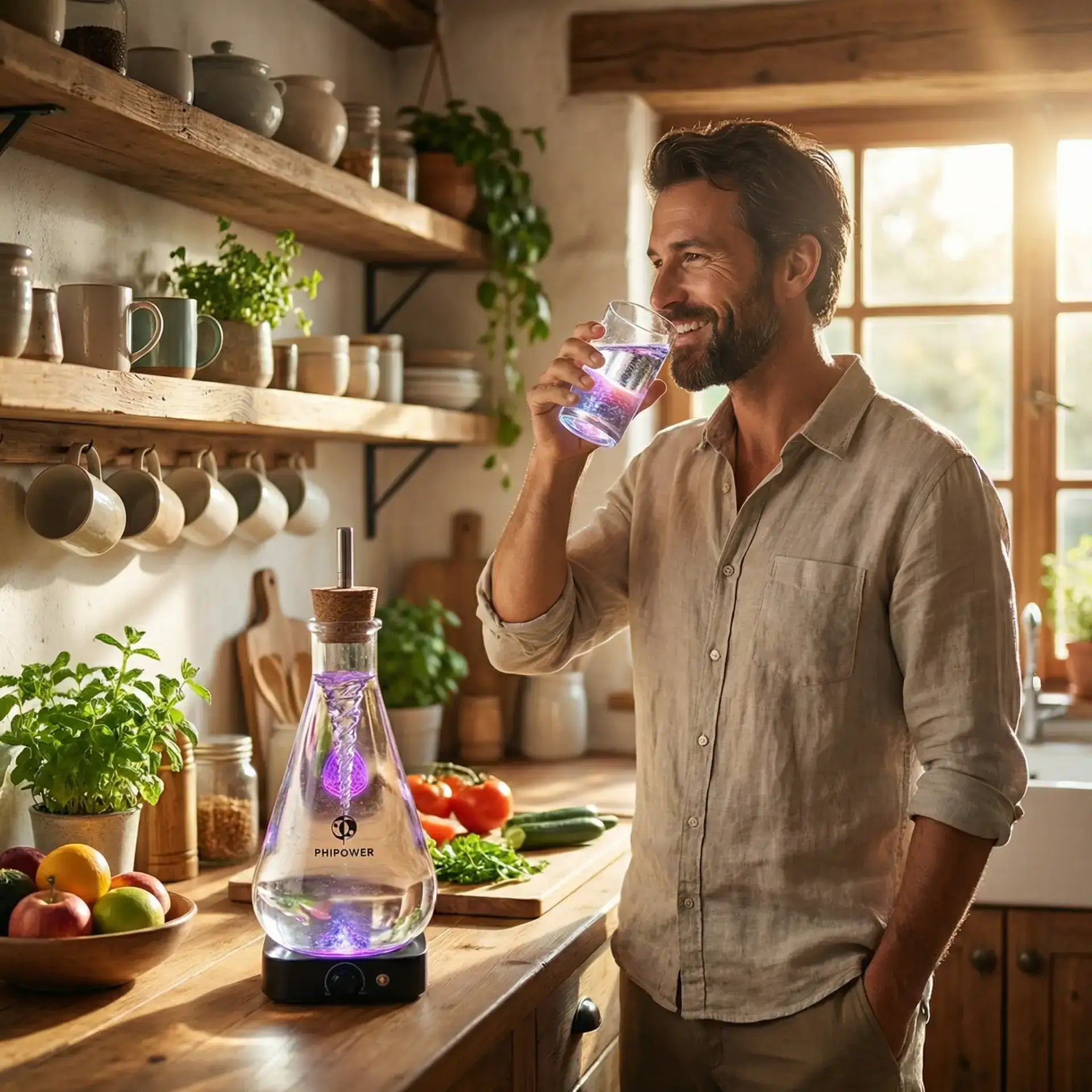 Person drinking water beside a Phipower Water Vitalizer creating a vortex
